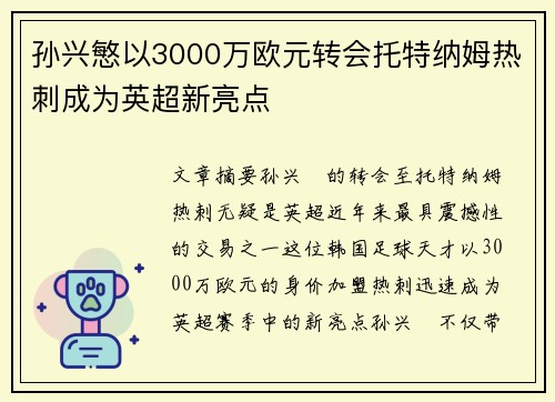 孙兴慜以3000万欧元转会托特纳姆热刺成为英超新亮点